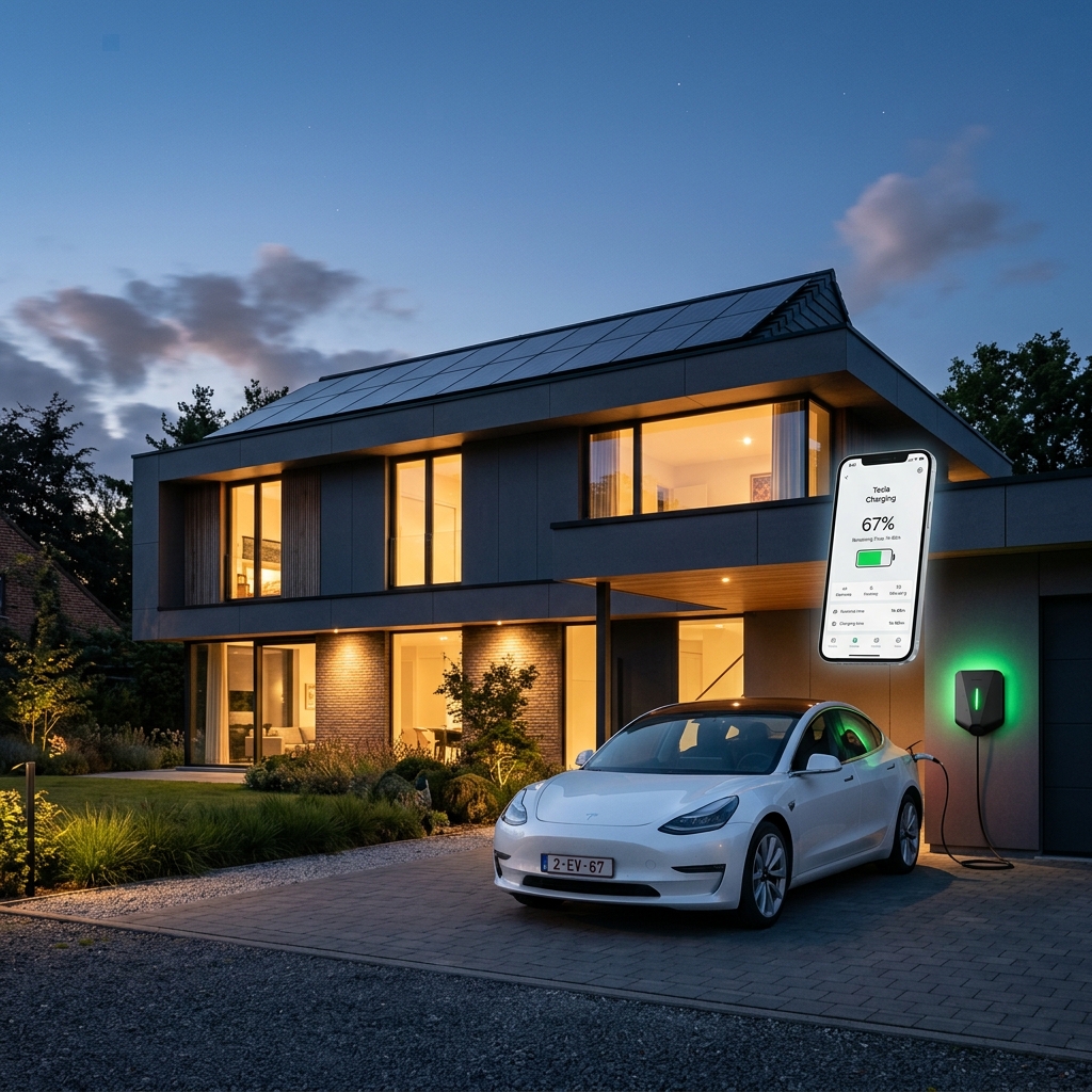 Maison belge moderne avec borne de recharge Easee et voiture électrique en charge